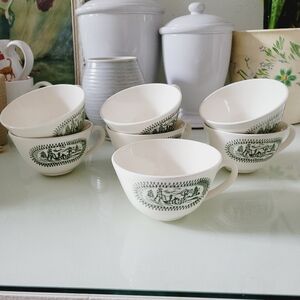 Cups transferware farmer plowing vintage green white